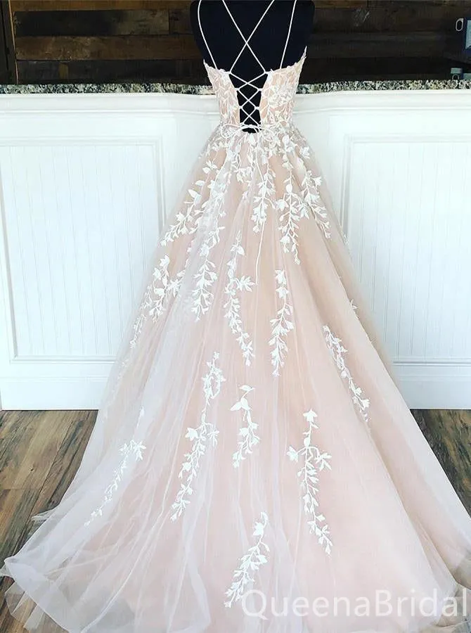 Gorgeous Spaghetti Straps Lace up Back Lace Appliques A-line Long Party Dress Prom Dresses ,WGP1814