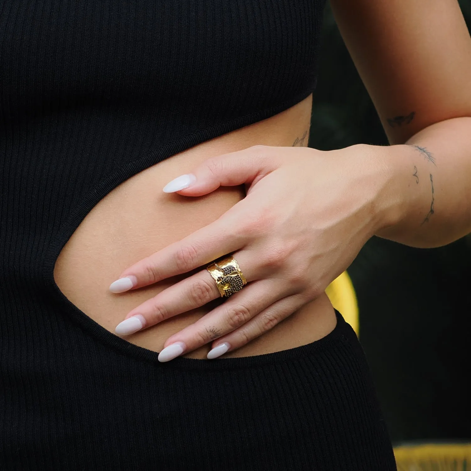 Guardian Black Elephant Gold Cuff Adjustable Ring