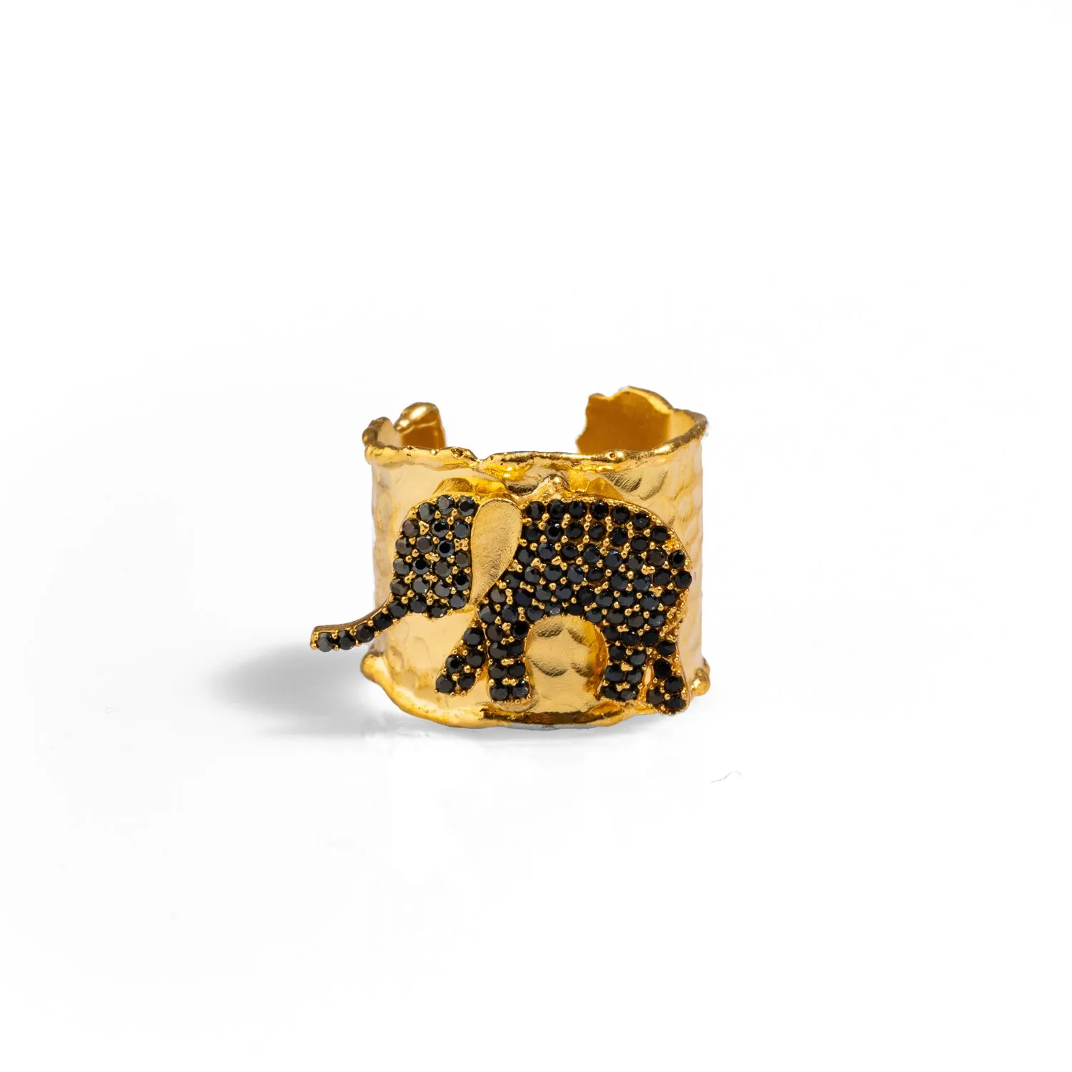Guardian Black Elephant Gold Cuff Adjustable Ring