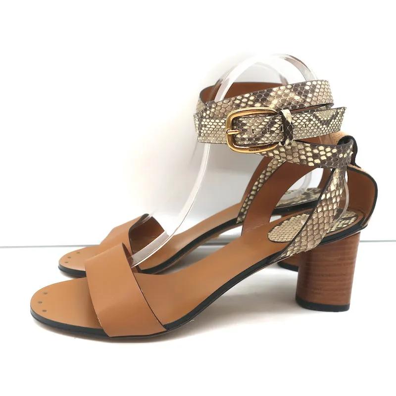 Gucci Ankle Wrap Sandals Cream Snakeskin & Brown Leather Size 38 NEW