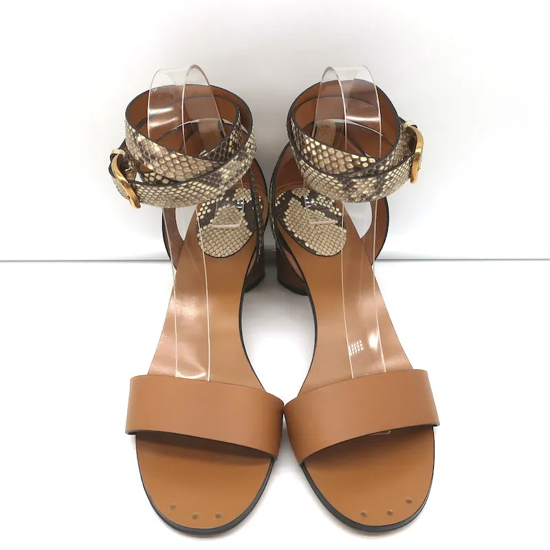 Gucci Ankle Wrap Sandals Cream Snakeskin & Brown Leather Size 38 NEW