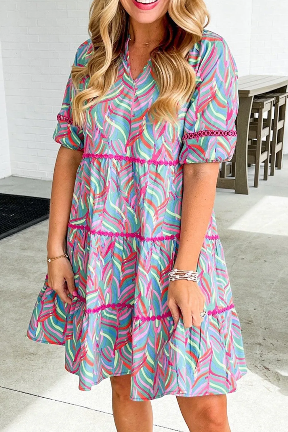 Light Blue Abstract Printed Lace Detail Split Neck A-line Dress