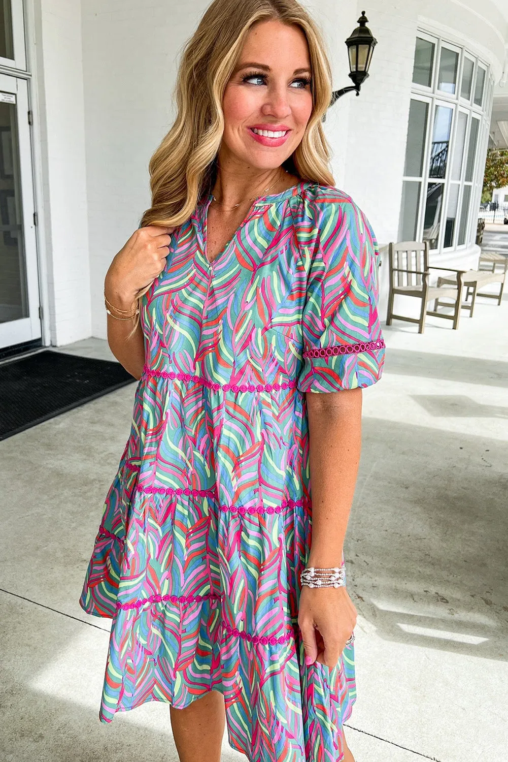 Light Blue Abstract Printed Lace Detail Split Neck A-line Dress