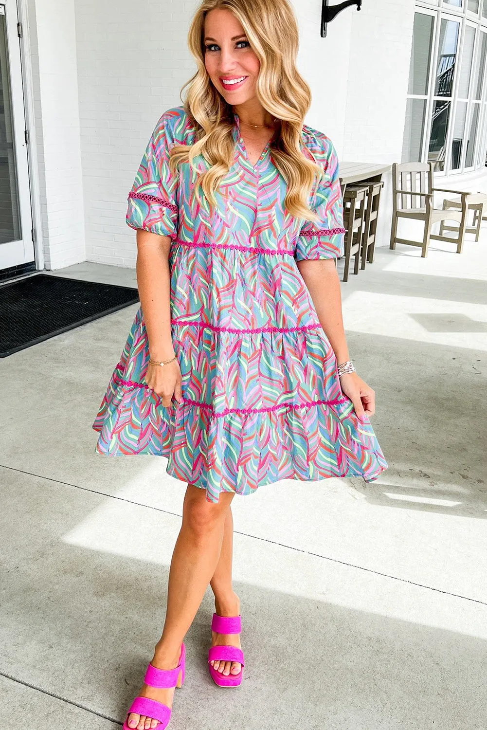 Light Blue Abstract Printed Lace Detail Split Neck A-line Dress
