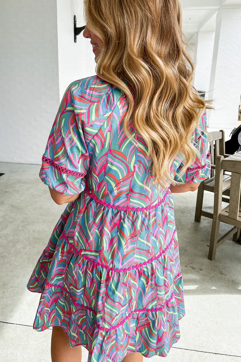 Light Blue Abstract Printed Lace Detail Split Neck A-line Dress