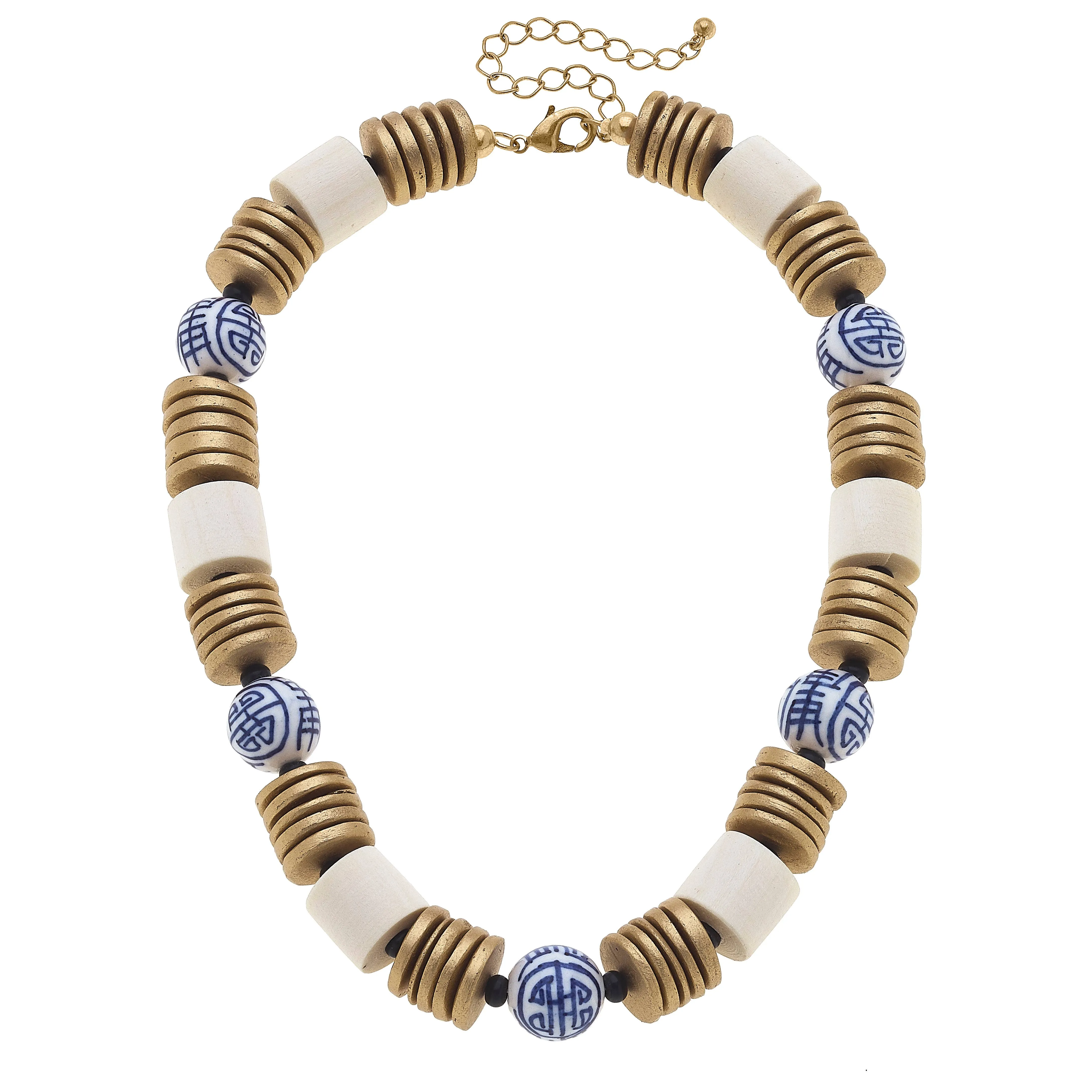 Lorelei Chinoiserie & Painted Wood Necklace in Navy