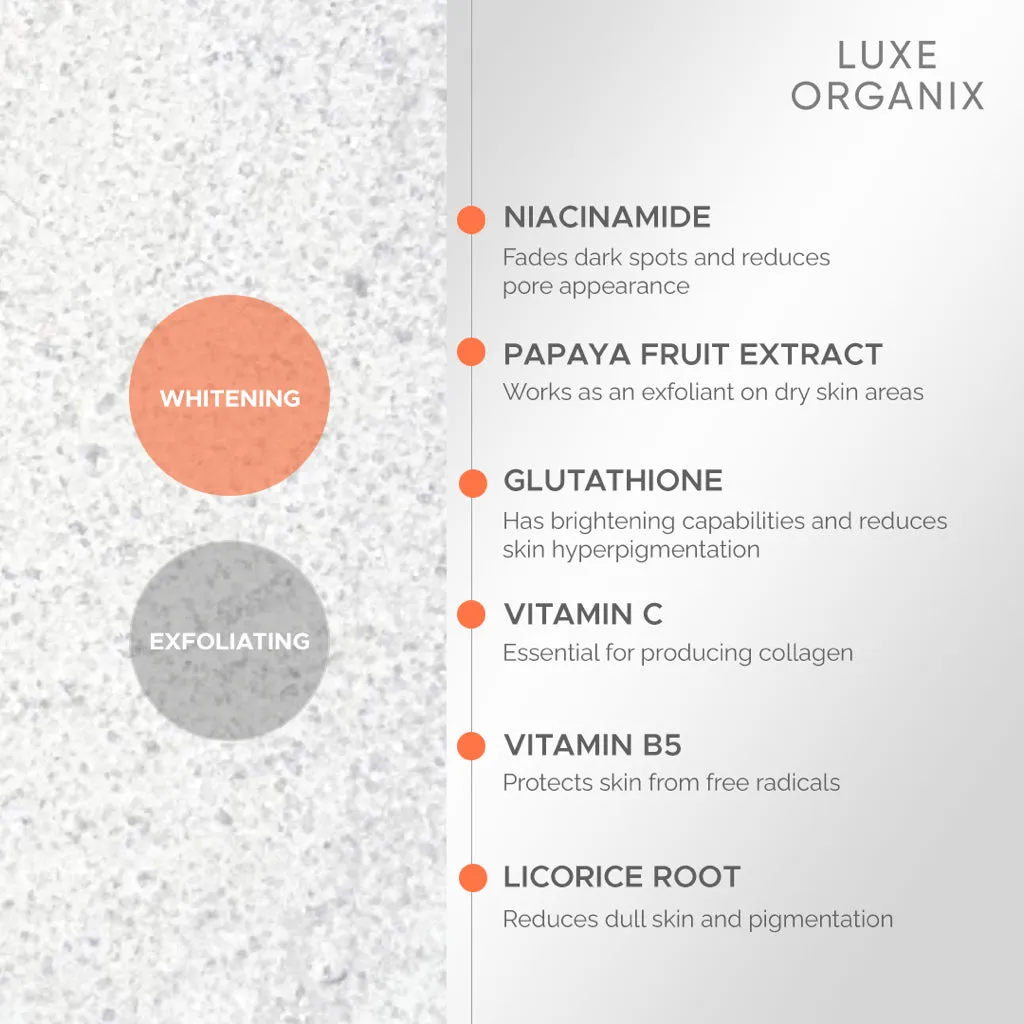 Luxe Organix Niacinamide   Papaya Gluta Velvet Shower Salt Scrub 300g