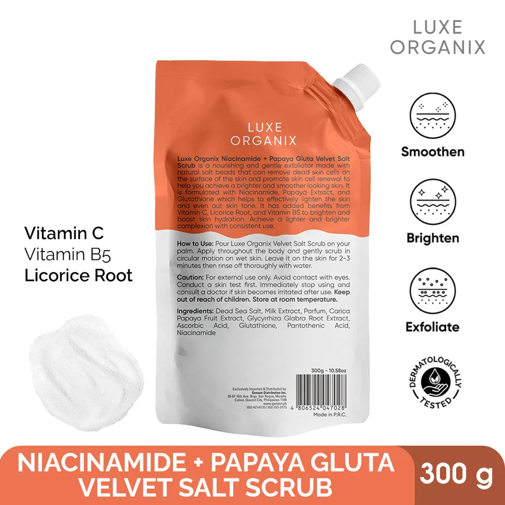 Luxe Organix Niacinamide   Papaya Gluta Velvet Shower Salt Scrub 300g