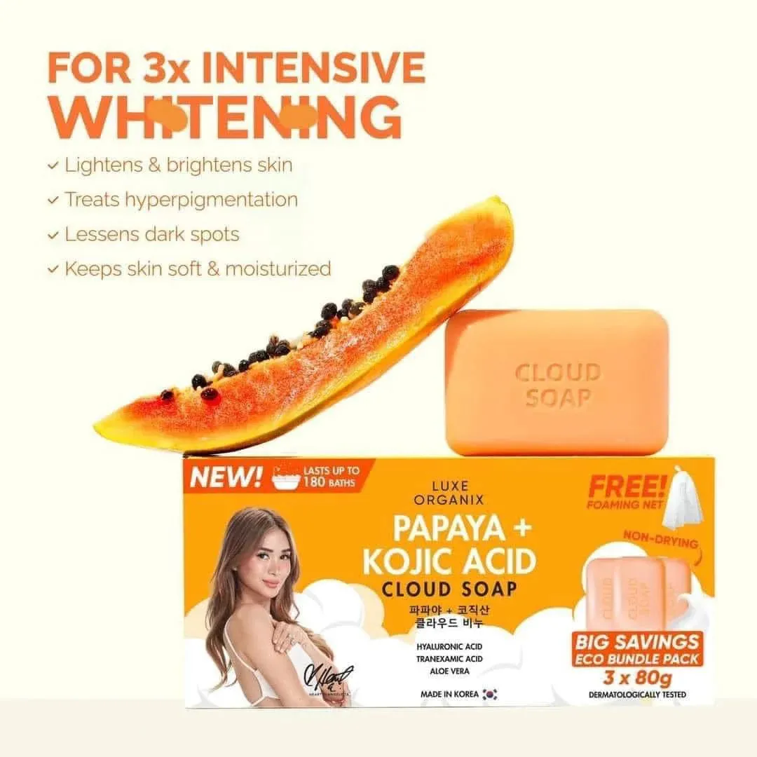 LUXE ORGANIX Papaya   Kojic Acid Cloud Soap 3x80g (Eco Bundle Pack)