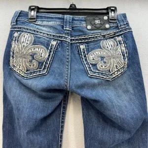 Miss Me Jeans Women's 27x31 (4) Blue Easy Boot Embellished Fleur de Lis Blingy