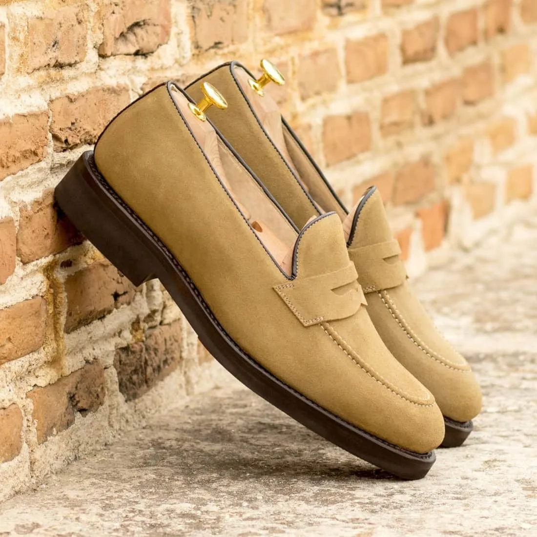 Mocassins Penny à bandeau en daim beige - Semelles Caoutchouc