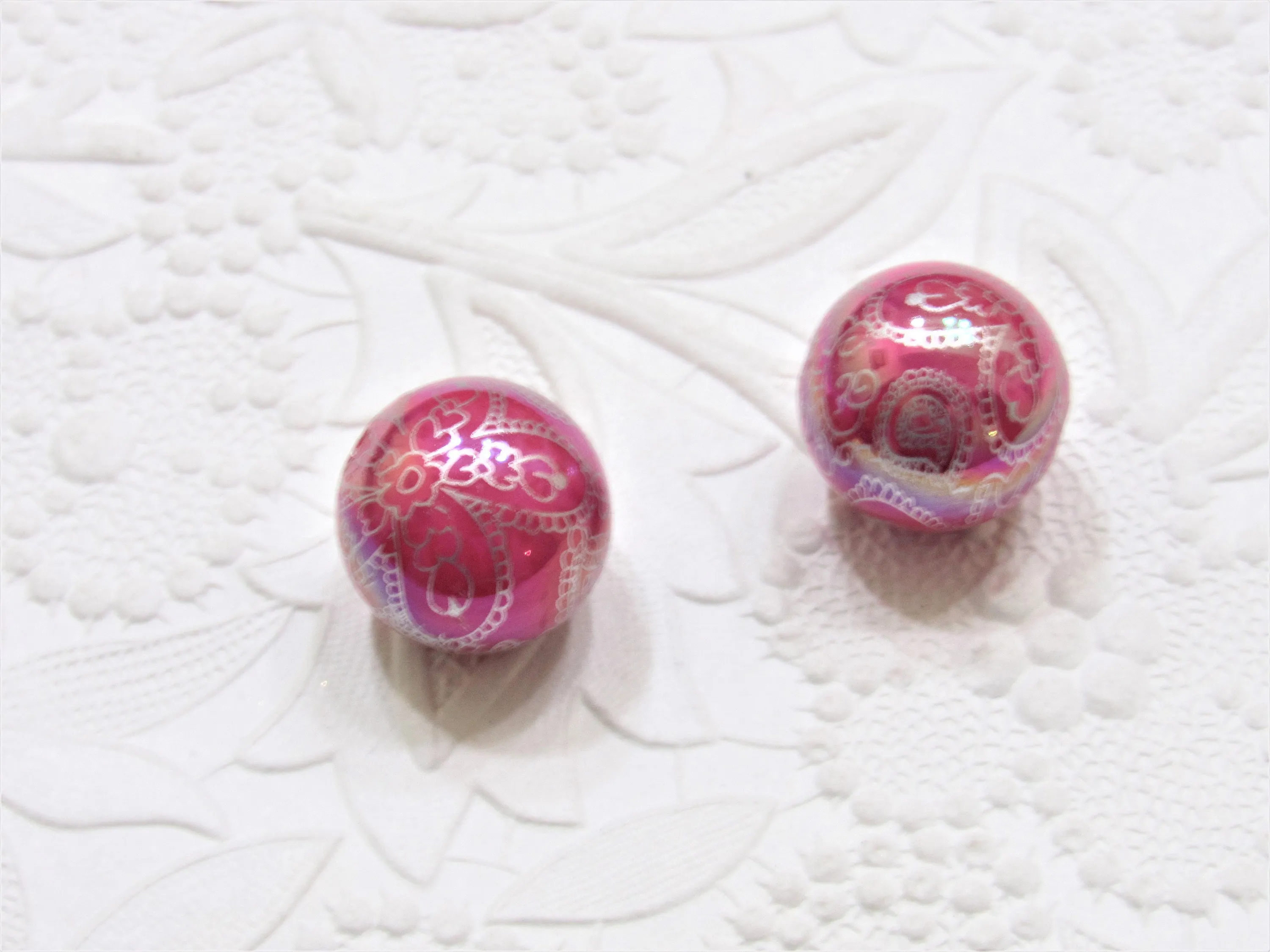 New 20mm Silver Satin Fuchsia Flower Bead Pearls, Bubblegum Beads, Chunky Gumball Beads, Bubblegum Bead Supply, Chunky Printed Pearl Beads