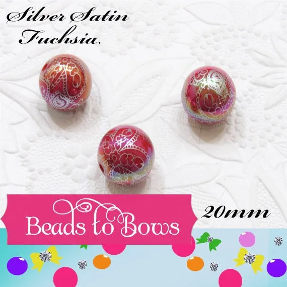 New 20mm Silver Satin Fuchsia Flower Bead Pearls, Bubblegum Beads, Chunky Gumball Beads, Bubblegum Bead Supply, Chunky Printed Pearl Beads