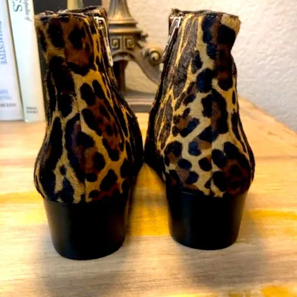 New ANTONIO MELANI Lavonnie Booties Leopard Print Calf Hair Block Heel 6, 6.5, 7