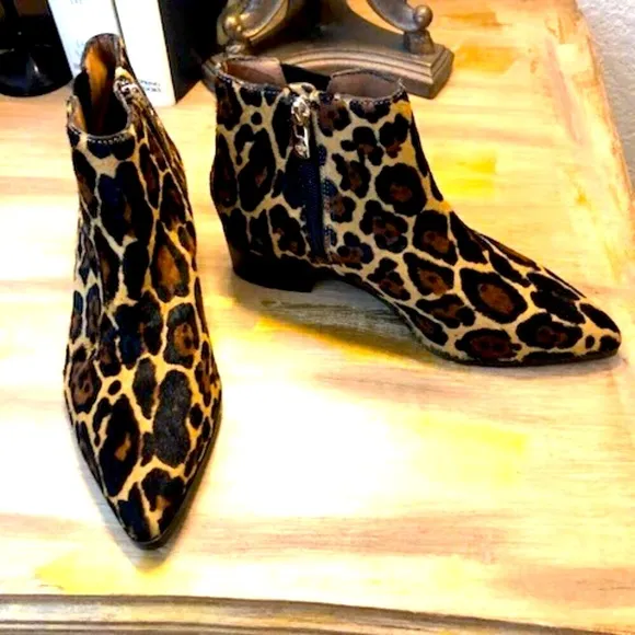 New ANTONIO MELANI Lavonnie Booties Leopard Print Calf Hair Block Heel 6, 6.5, 7