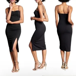 New Dress the Population Alana black ruched midi dress with slit size L