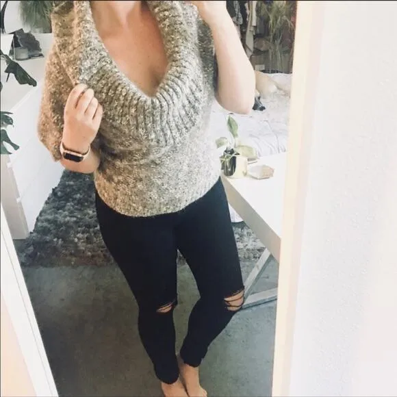 NEW NORDSTROM KENSIE Cowl Neck Grey White Chunky Knit Short Sleeve Sweater S