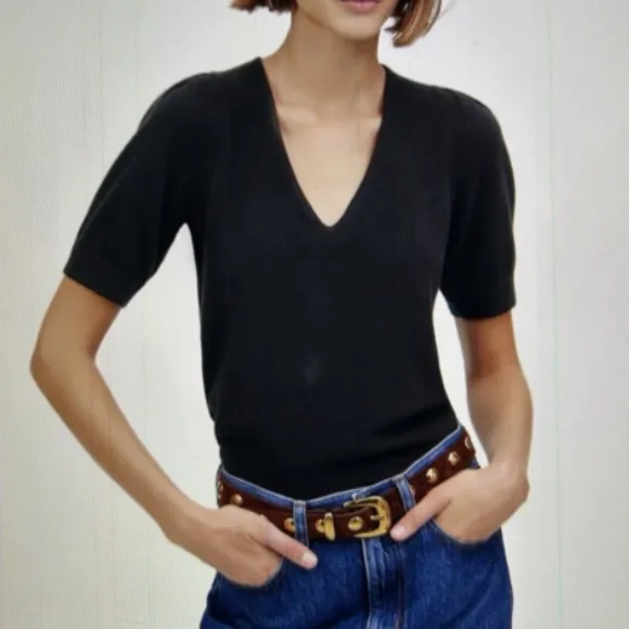 NWT Madewell Black Cashmere V-Neck Puff-Sleeve Sweater Tee SZ M