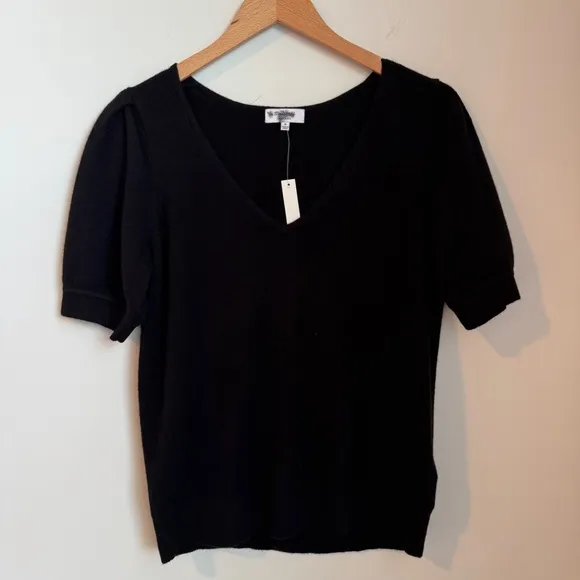 NWT Madewell Black Cashmere V-Neck Puff-Sleeve Sweater Tee SZ M