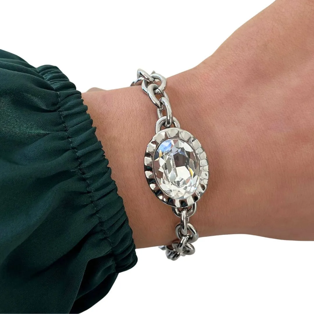 Qudo Tivola Silver Chunky Link Bracelet - Clear Crystal
