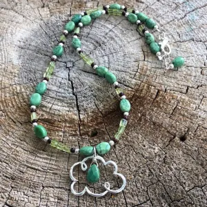 "Pray for Rain" silver cloud pendant necklace with turquoise and peridot
