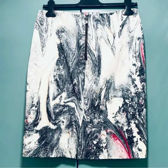 Rachel Roy Vivid Marble Print Pencil Skirt In White Black Pink Size 4 EUC