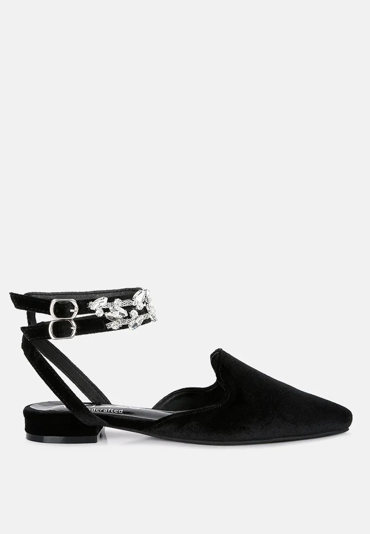Salome Black Velvet Luxe Jewelled Flat Mules By Ruw