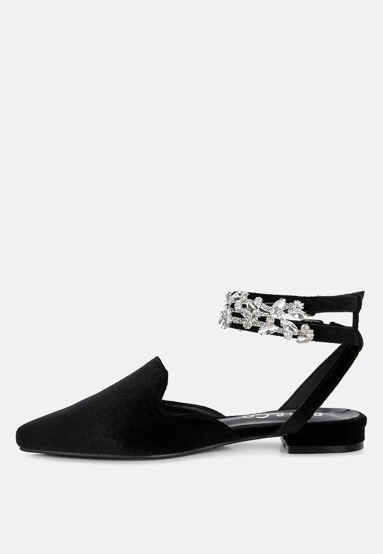 Salome Black Velvet Luxe Jewelled Flat Mules By Ruw