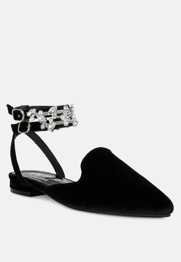 Salome Black Velvet Luxe Jewelled Flat Mules By Ruw
