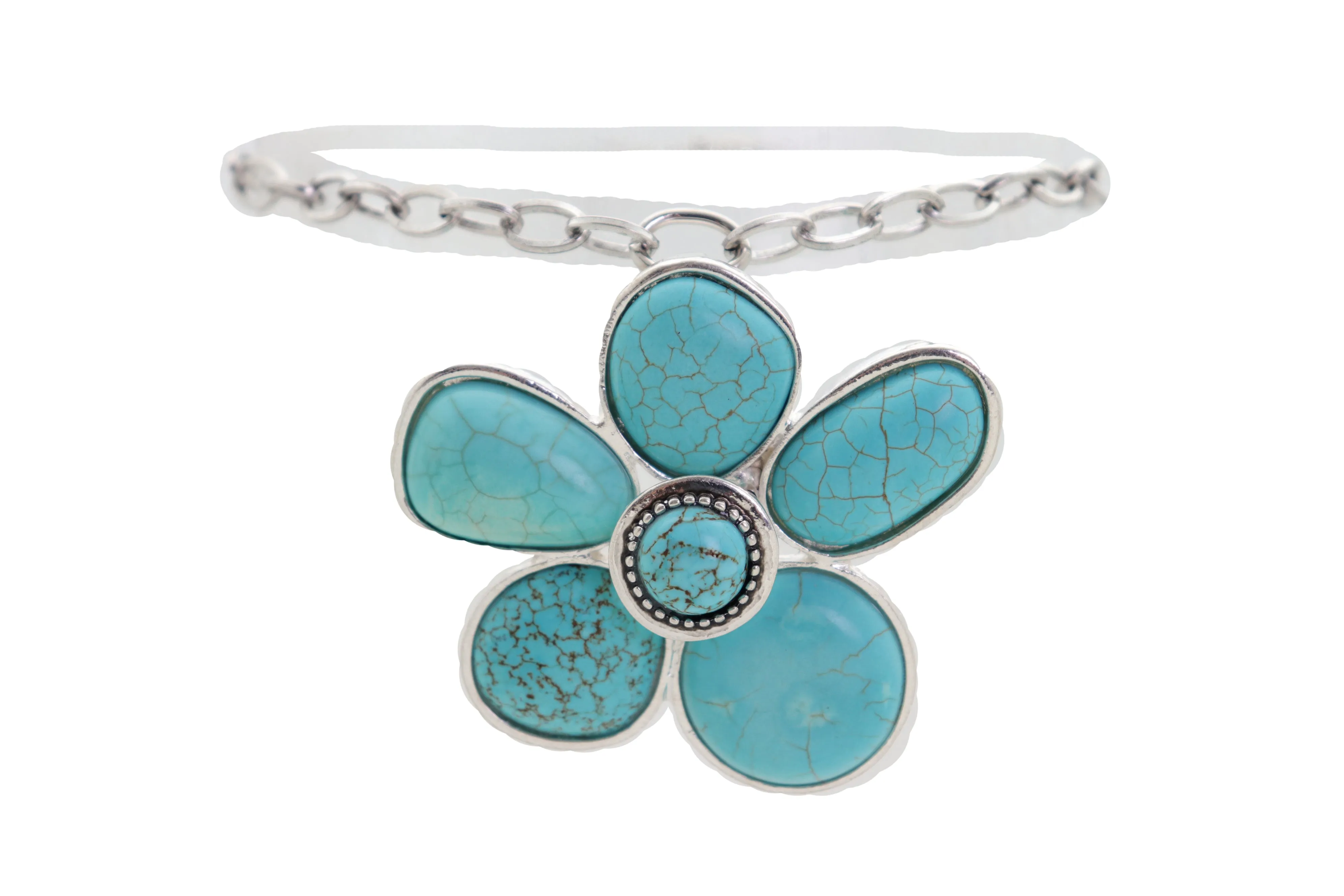 Silver Metal Chain Boot Bracelet Ethnic Shoe Turquoise Blue Flower Charm