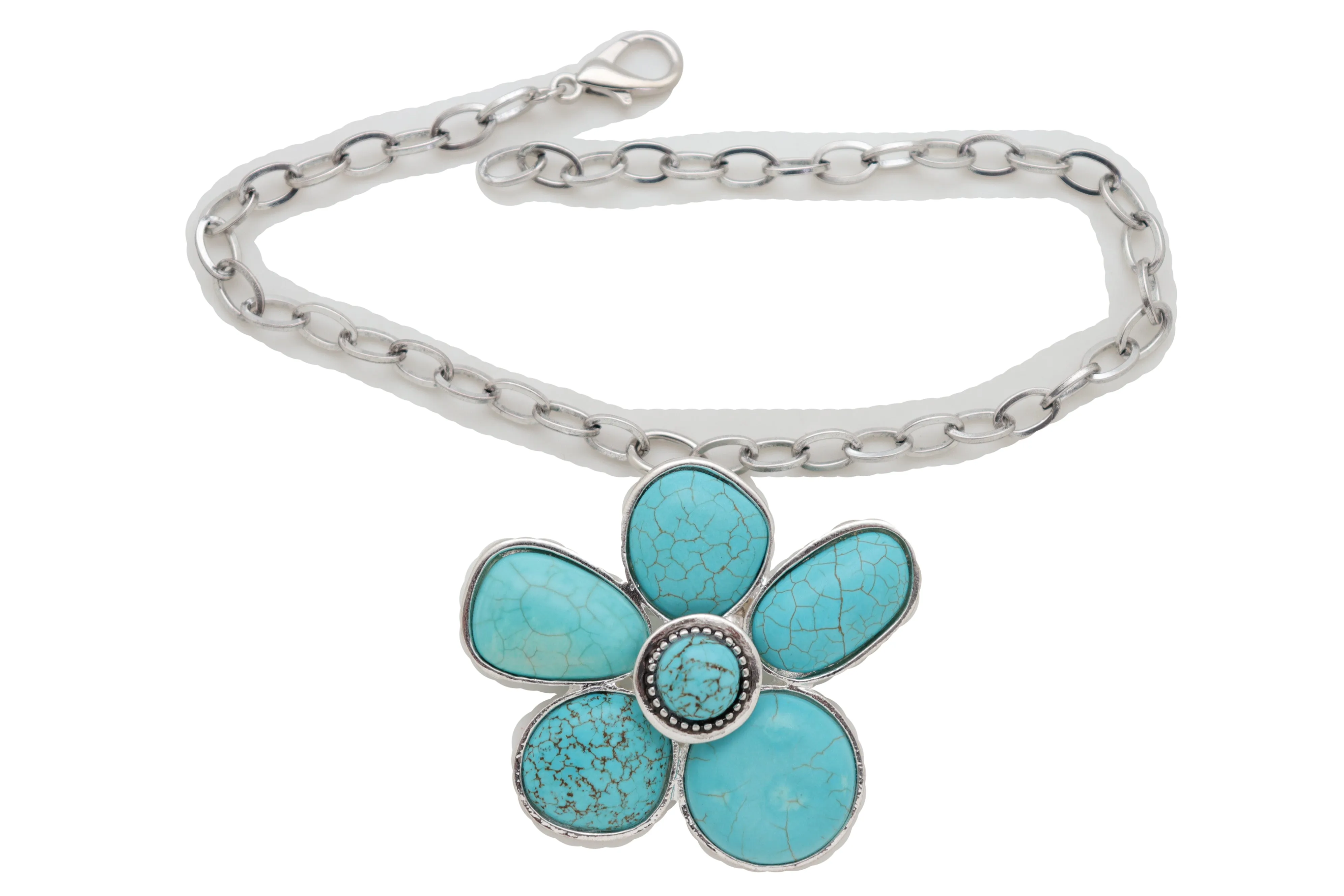 Silver Metal Chain Boot Bracelet Ethnic Shoe Turquoise Blue Flower Charm