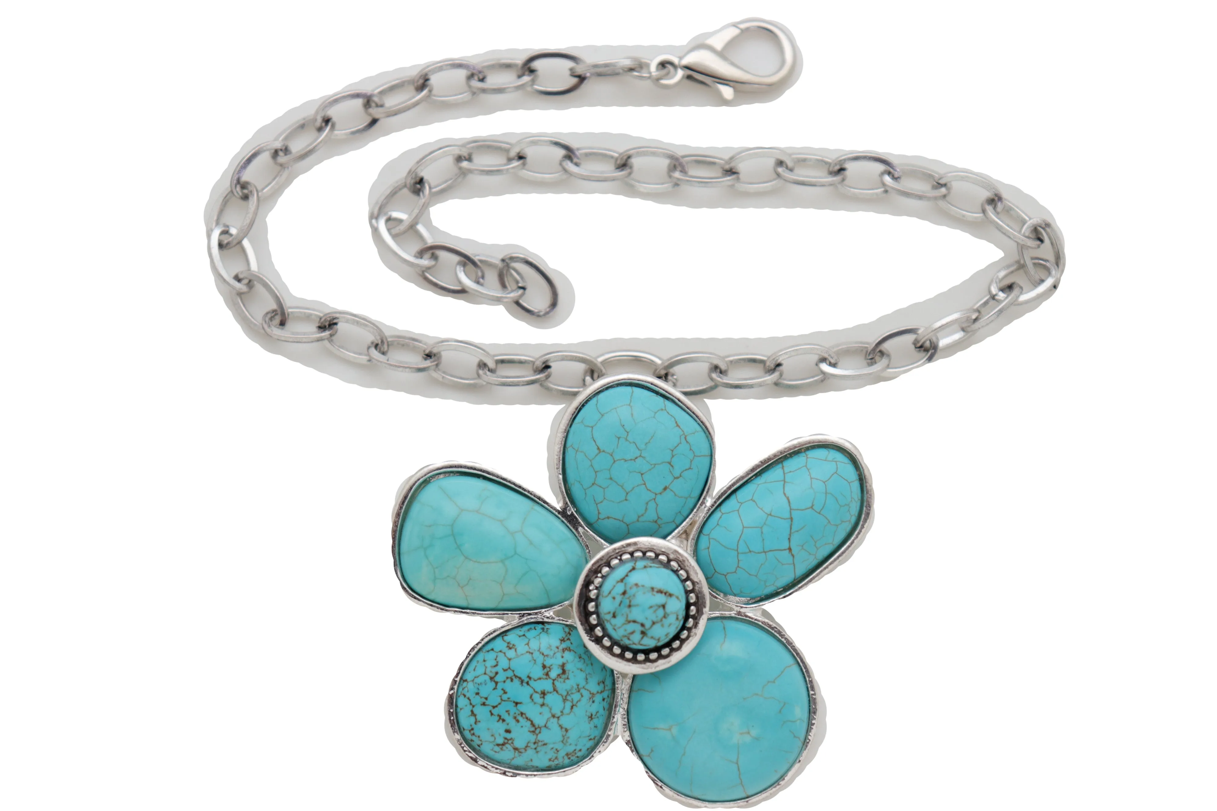 Silver Metal Chain Boot Bracelet Ethnic Shoe Turquoise Blue Flower Charm