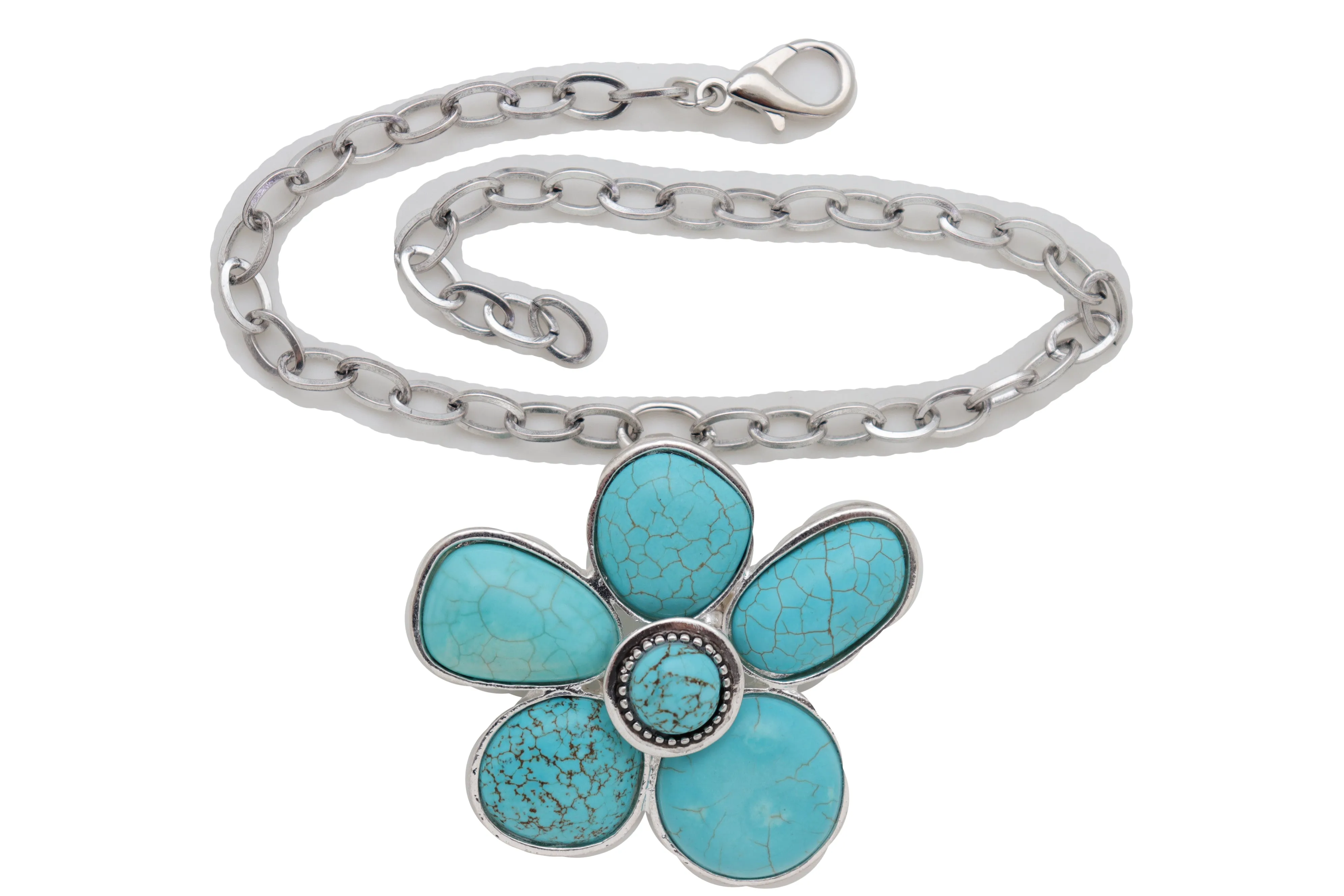 Silver Metal Chain Boot Bracelet Ethnic Shoe Turquoise Blue Flower Charm