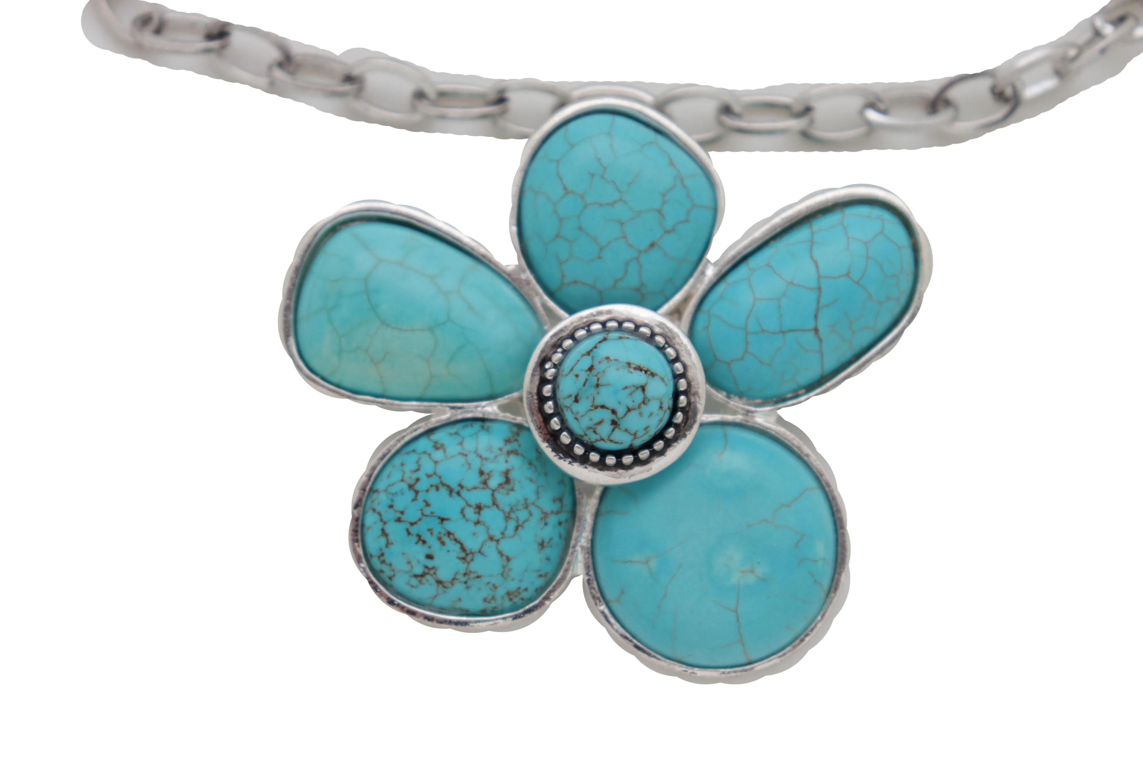 Silver Metal Chain Boot Bracelet Ethnic Shoe Turquoise Blue Flower Charm