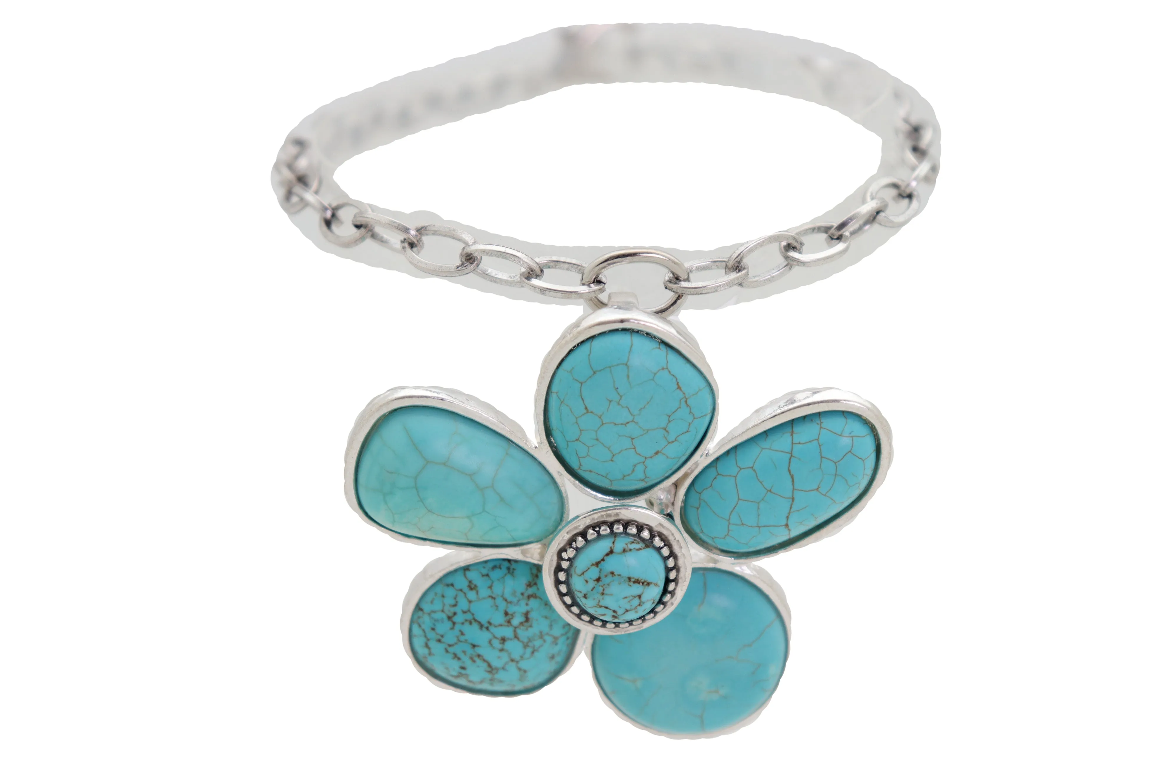 Silver Metal Chain Boot Bracelet Ethnic Shoe Turquoise Blue Flower Charm