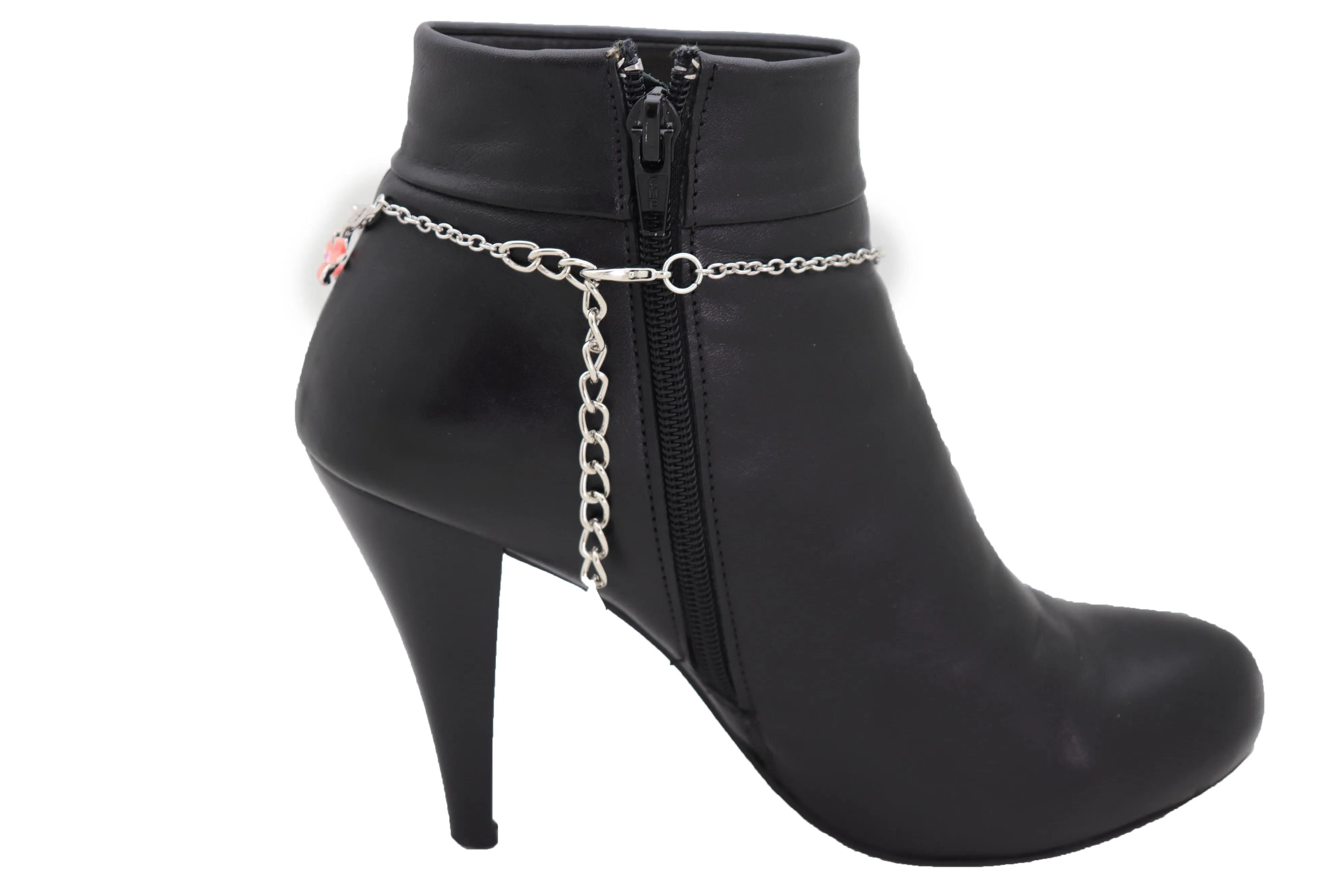 Silver Metal Chain Boot Bracelet Shoe Clover Flower Charm Bling Luck Anklet