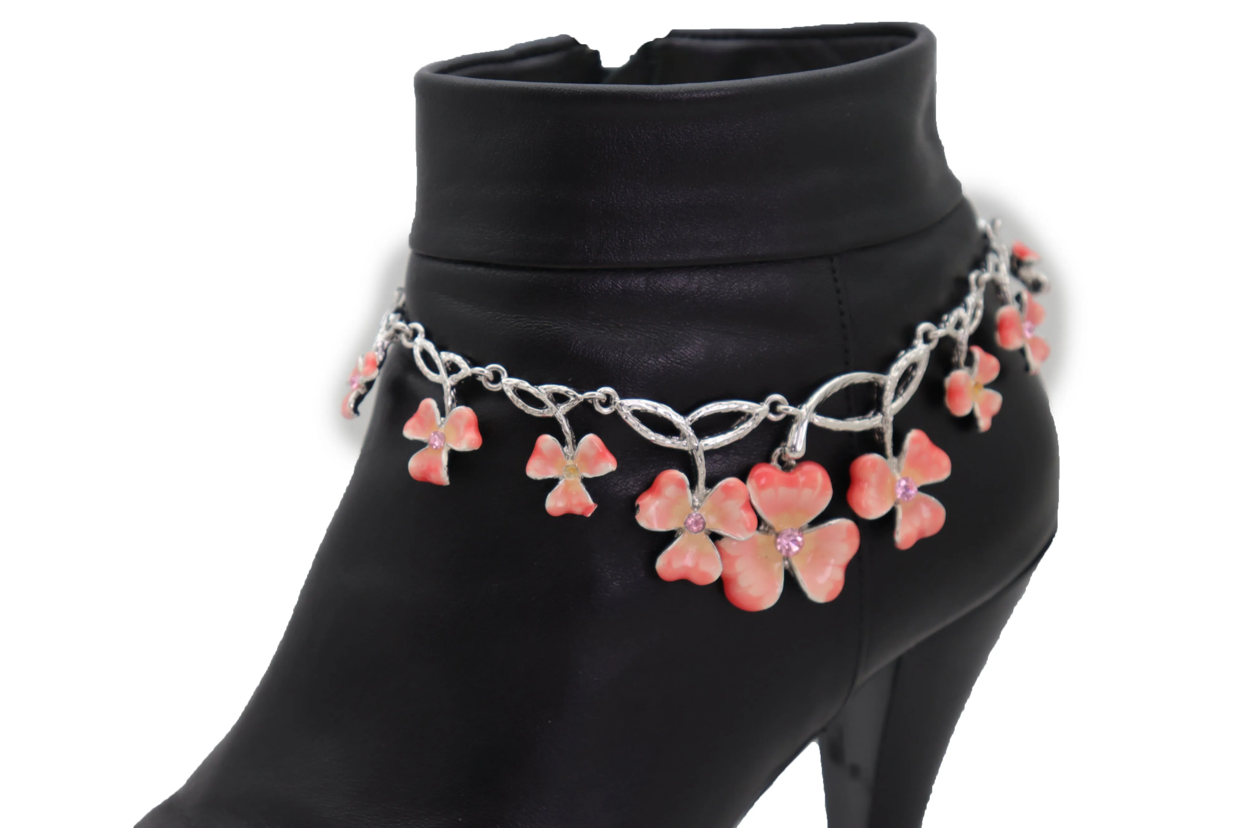 Silver Metal Chain Boot Bracelet Shoe Clover Flower Charm Bling Luck Anklet