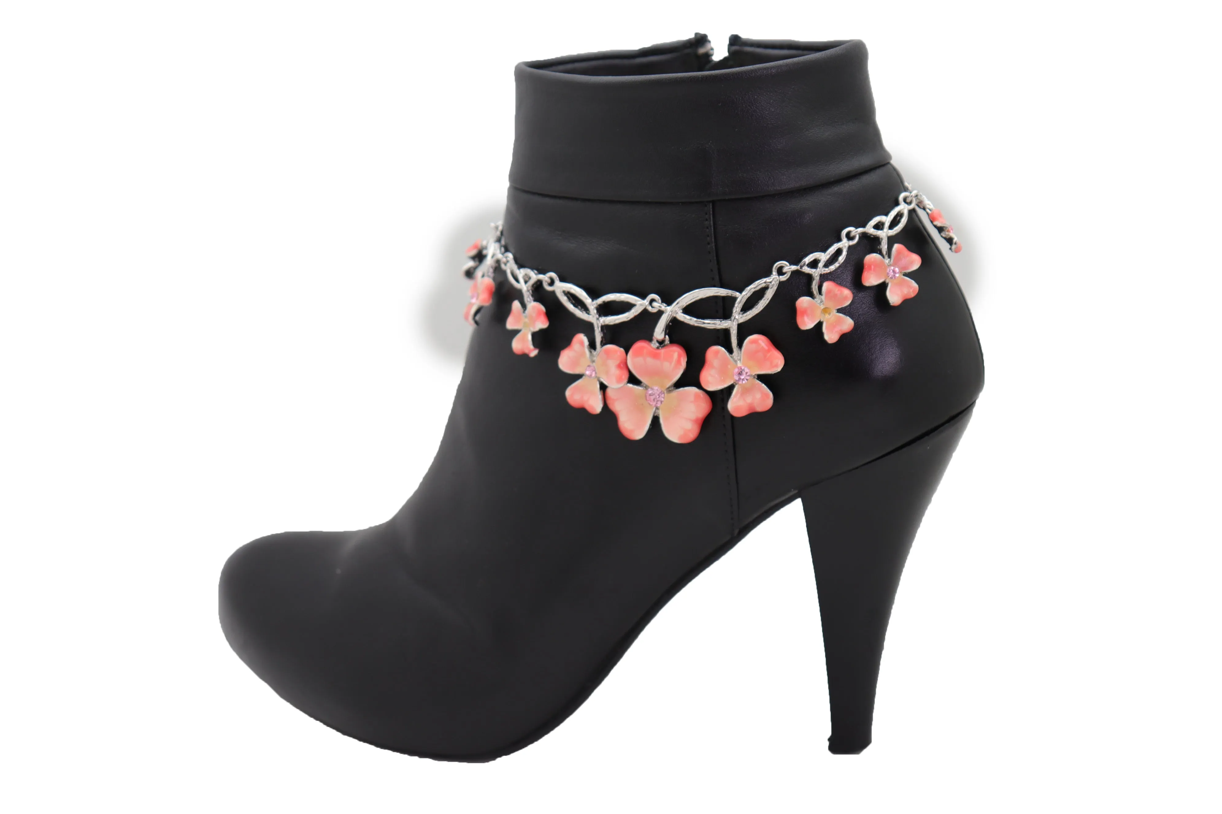 Silver Metal Chain Boot Bracelet Shoe Clover Flower Charm Bling Luck Anklet