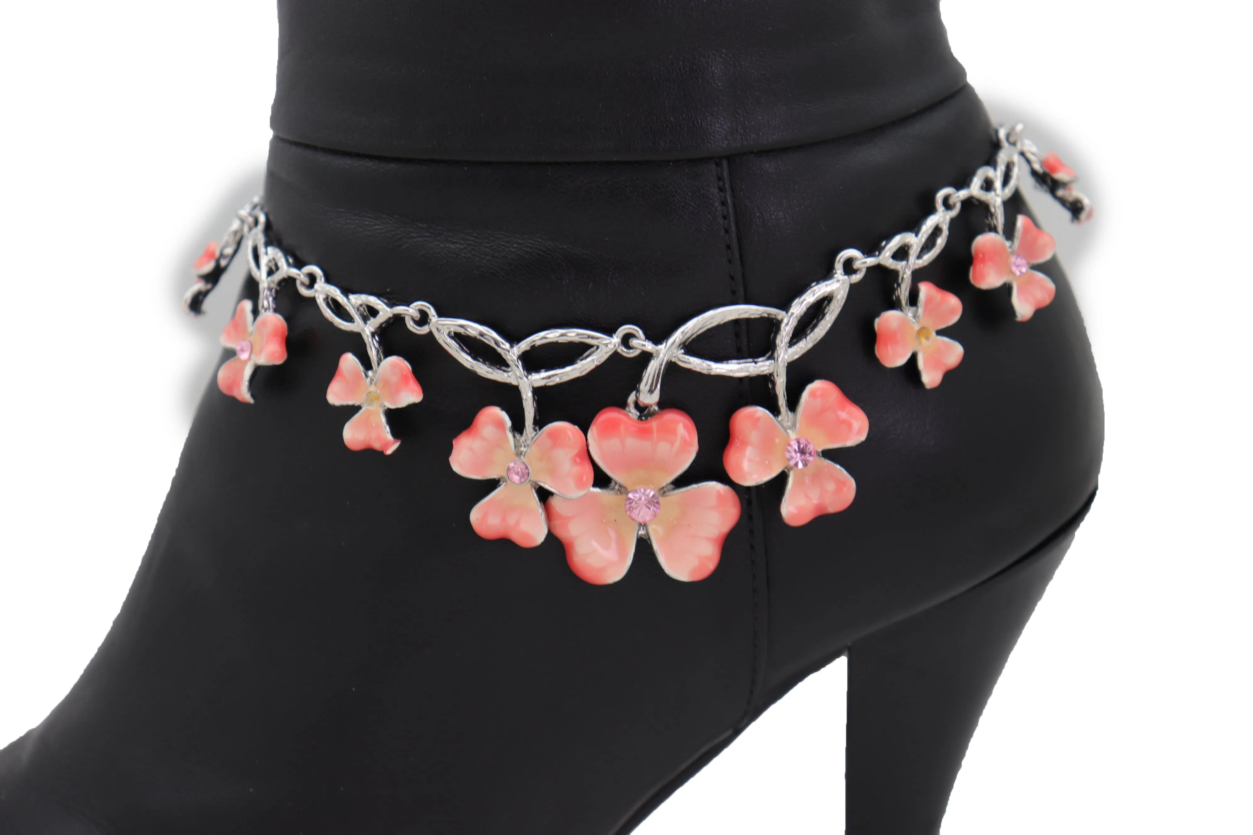 Silver Metal Chain Boot Bracelet Shoe Clover Flower Charm Bling Luck Anklet