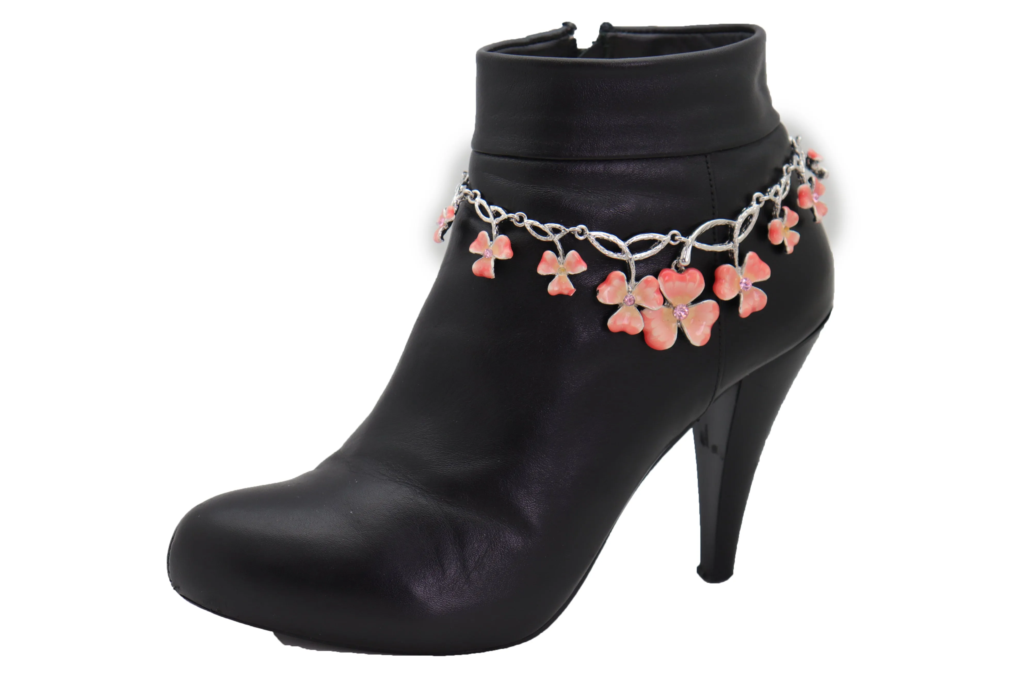 Silver Metal Chain Boot Bracelet Shoe Clover Flower Charm Bling Luck Anklet