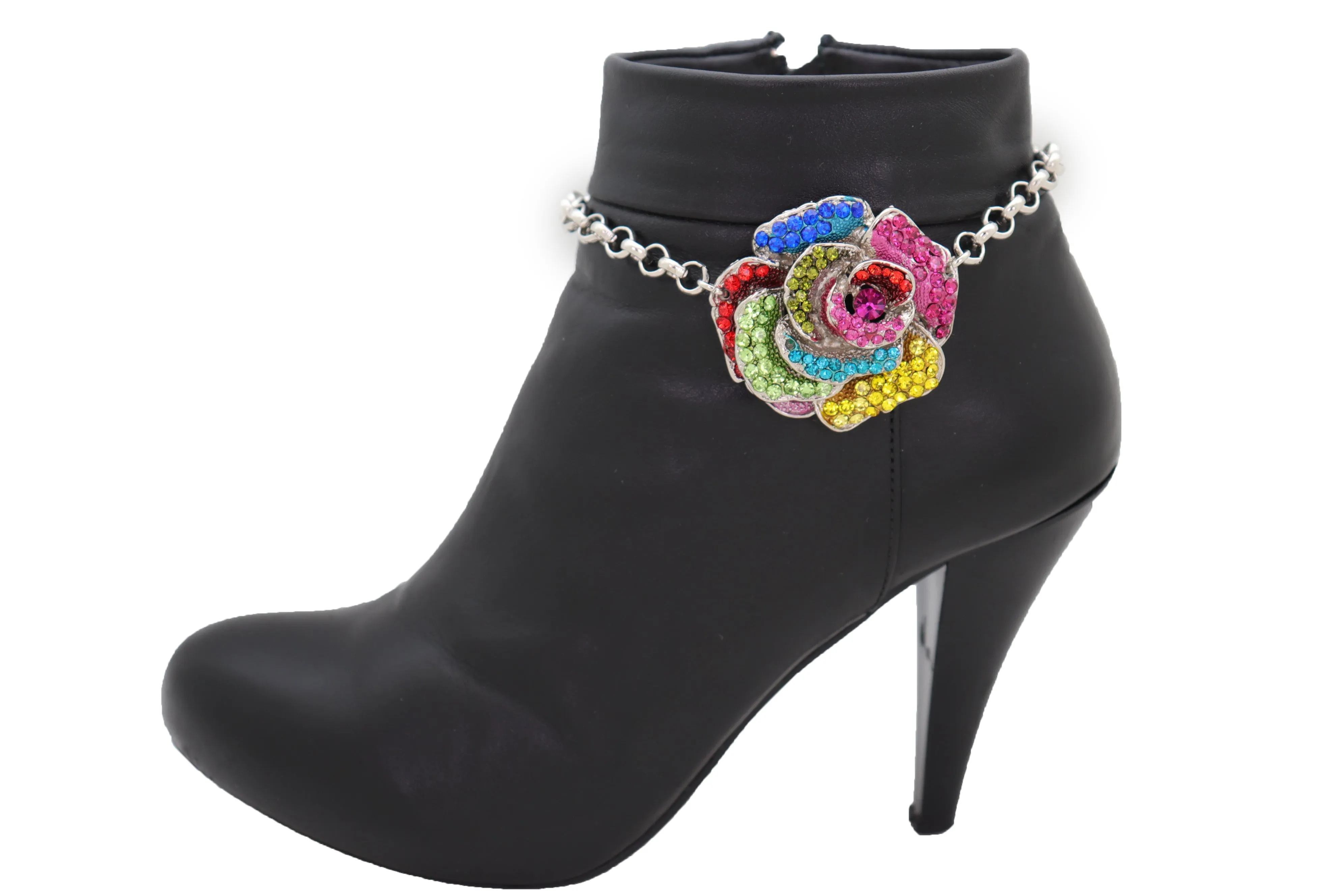 Silver Metal Chain Boot Bracelet Shoe Rose Flower Charm Western Jewelry