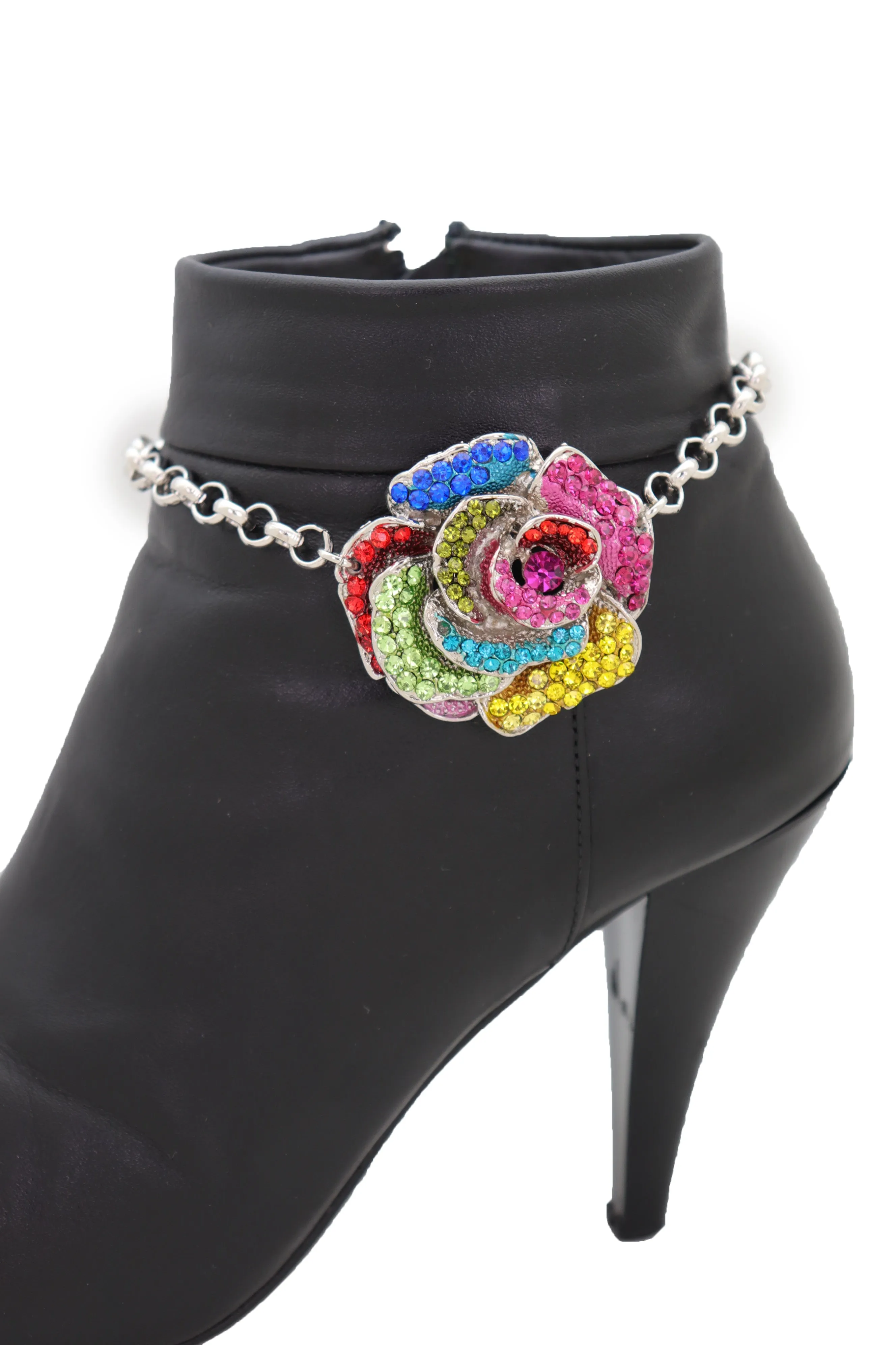 Silver Metal Chain Boot Bracelet Shoe Rose Flower Charm Western Jewelry