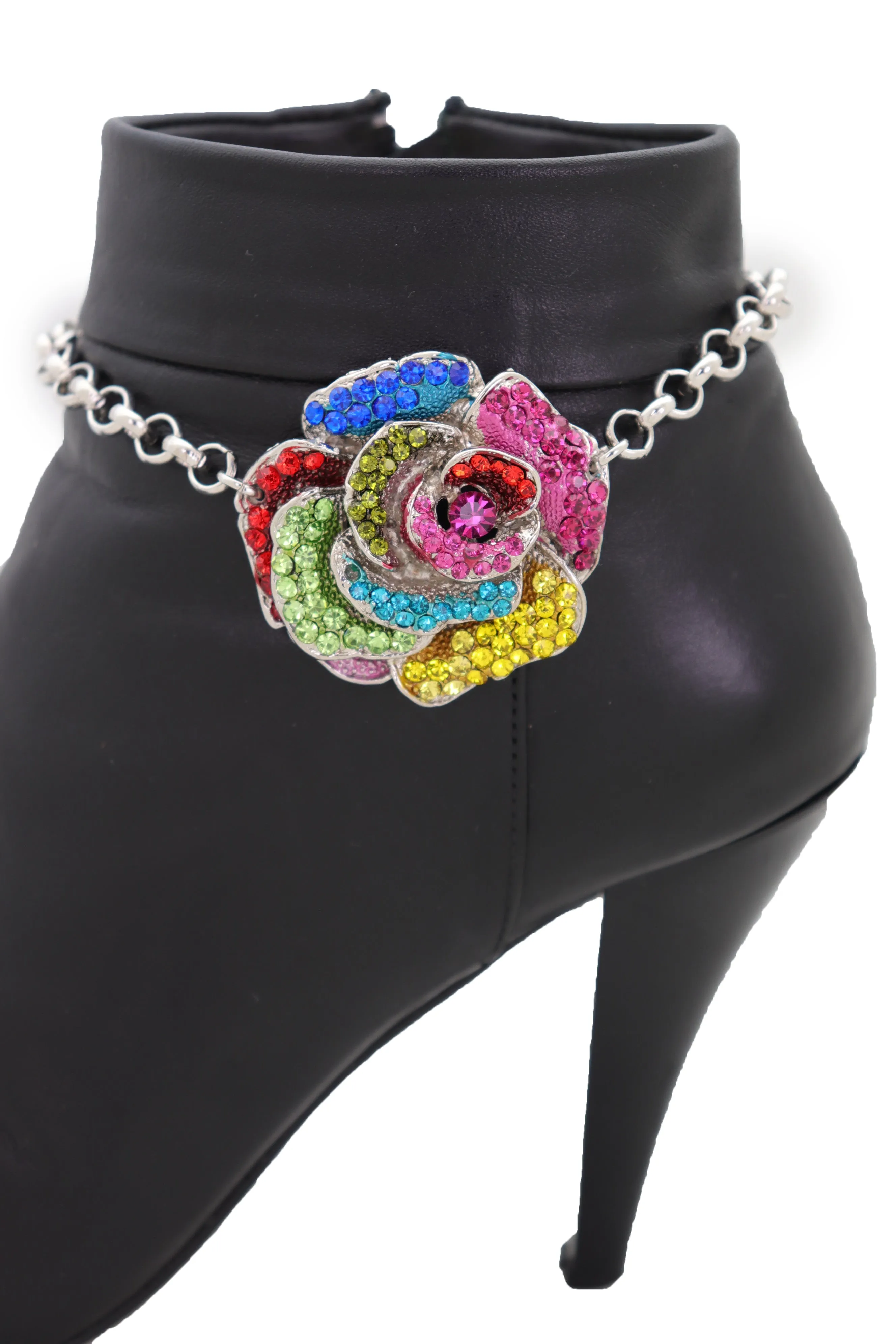 Silver Metal Chain Boot Bracelet Shoe Rose Flower Charm Western Jewelry