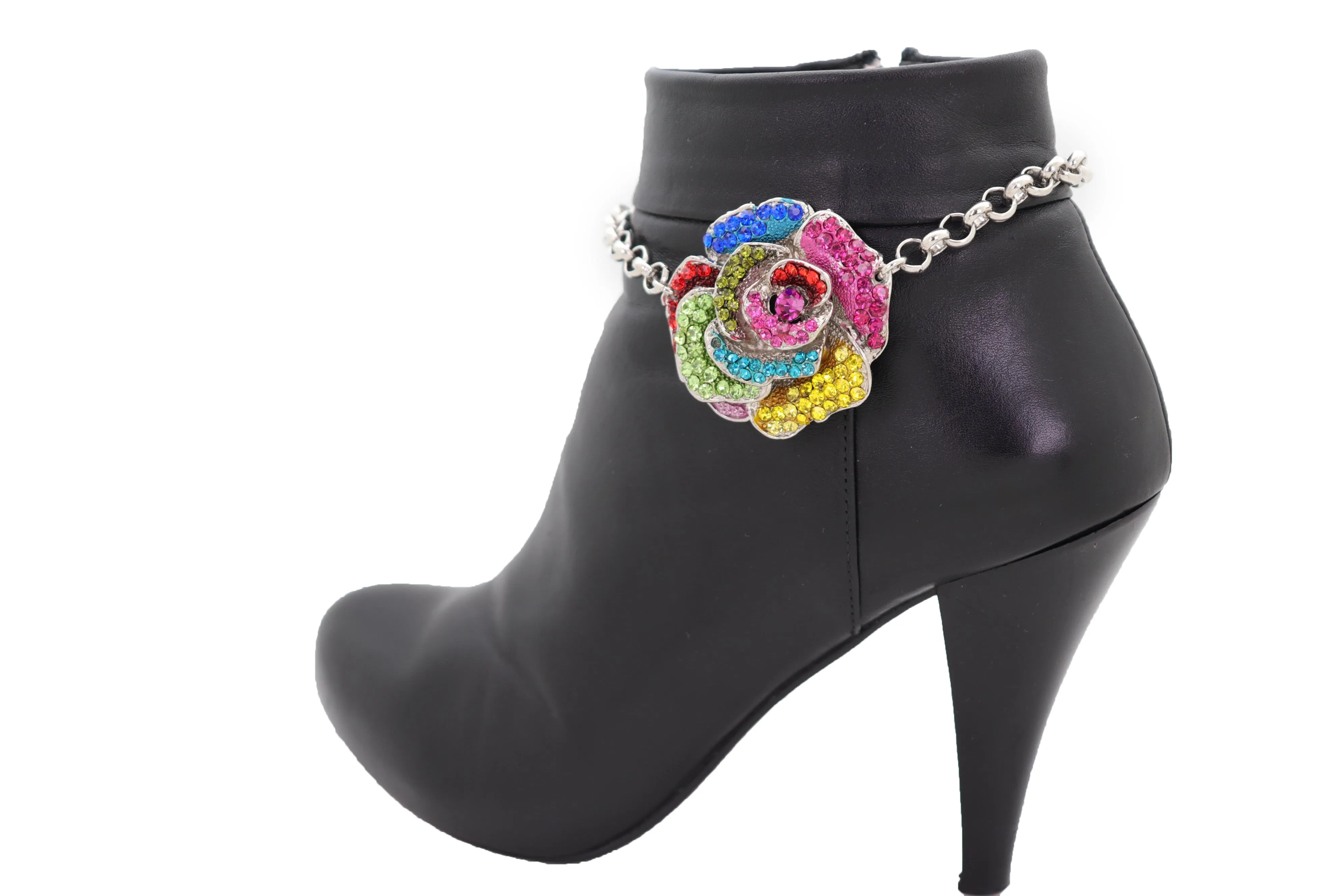 Silver Metal Chain Boot Bracelet Shoe Rose Flower Charm Western Jewelry