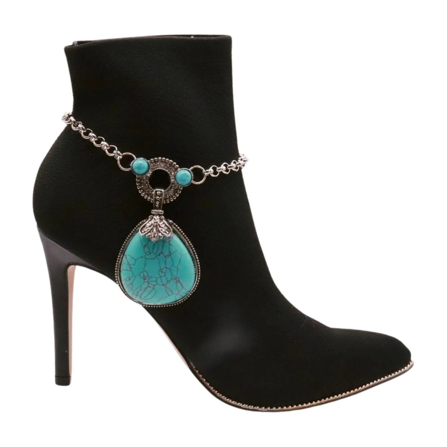 Silver Metal Chain Boot Bracelet Shoe Turquoise Blue Bead Charm