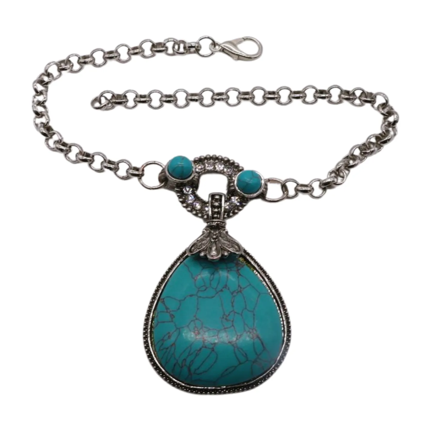 Silver Metal Chain Boot Bracelet Shoe Turquoise Blue Bead Charm