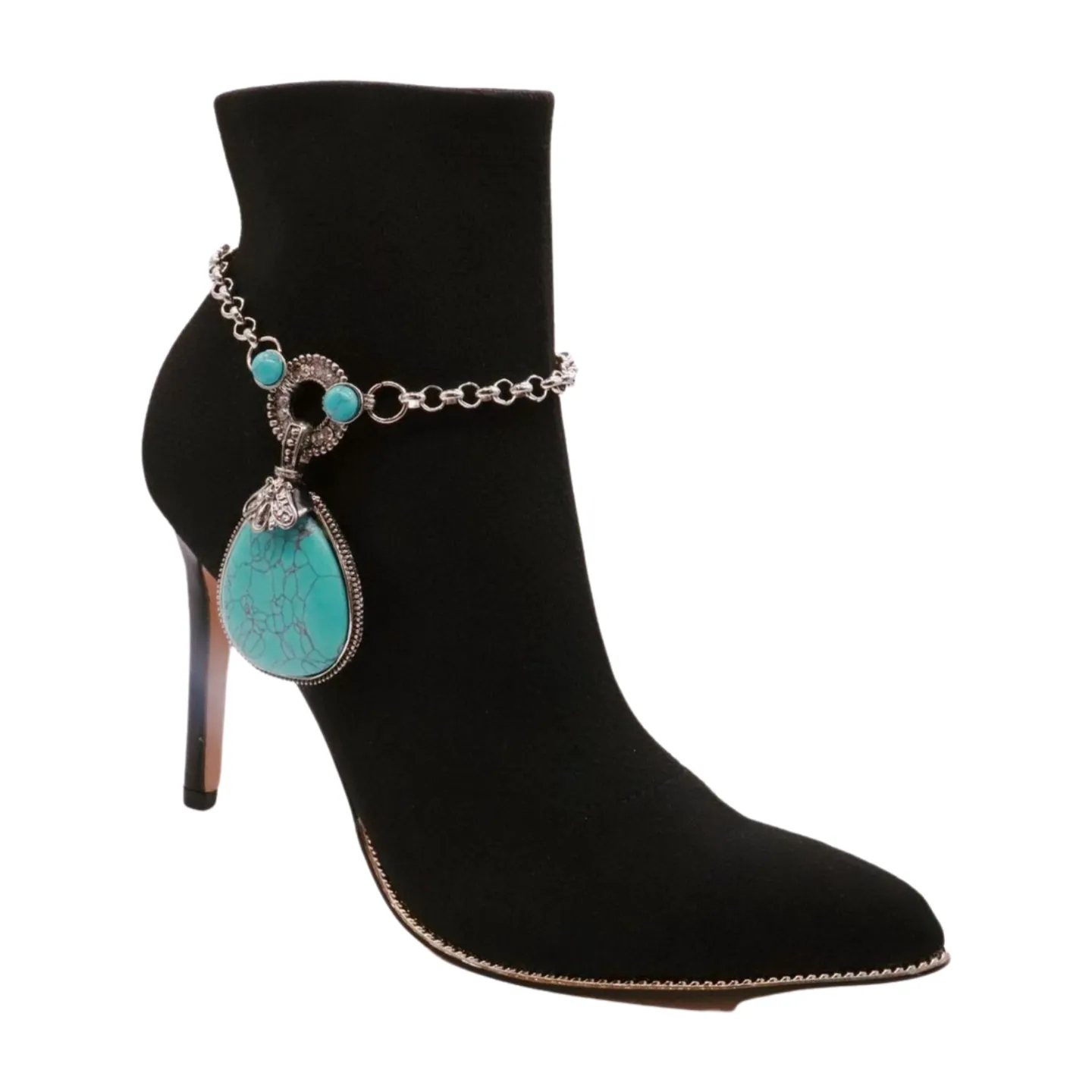 Silver Metal Chain Boot Bracelet Shoe Turquoise Blue Bead Charm