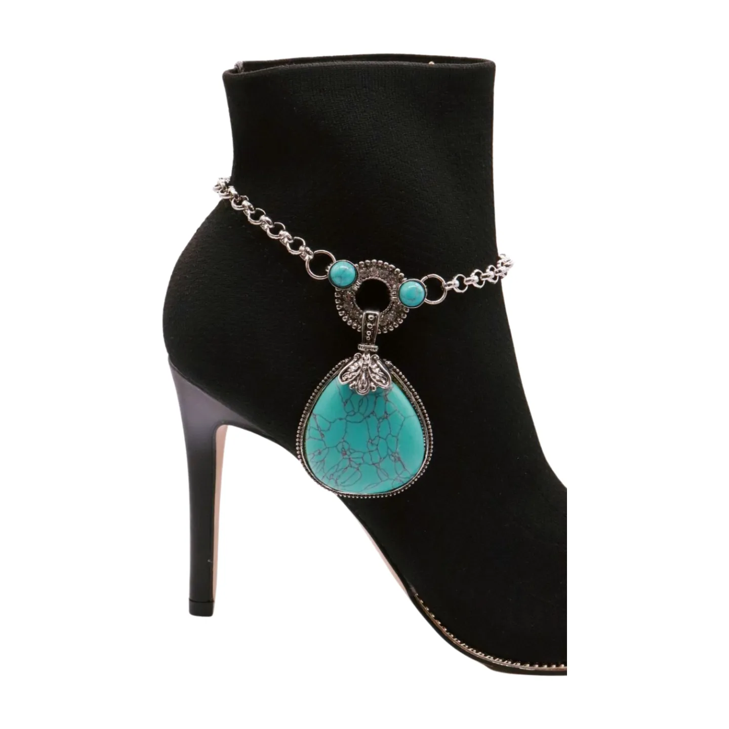 Silver Metal Chain Boot Bracelet Shoe Turquoise Blue Bead Charm