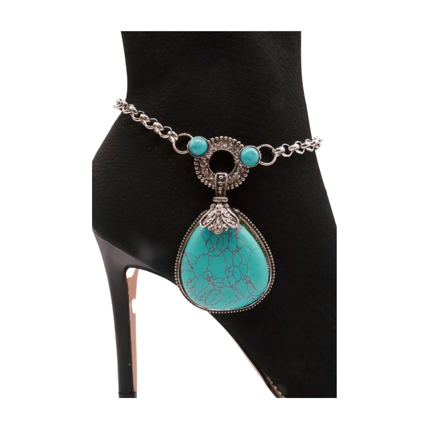 Silver Metal Chain Boot Bracelet Shoe Turquoise Blue Bead Charm