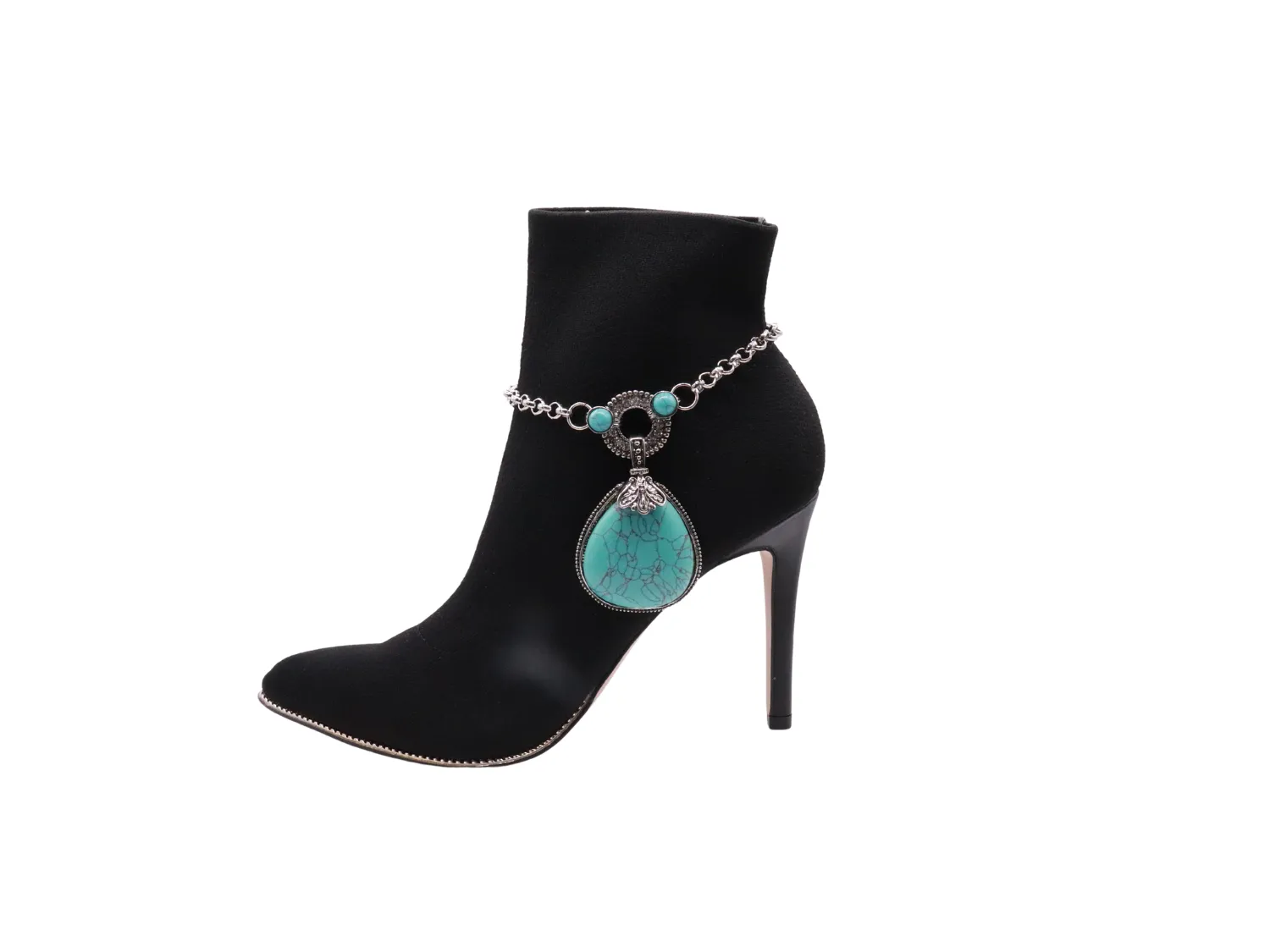 Silver Metal Chain Boot Bracelet Shoe Turquoise Blue Bead Charm
